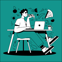 Character works on laptop and enjoys pizza in a green setting with lively elements