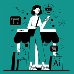 Shopper girl uses AI assistant on smartphone while choosing products at the store