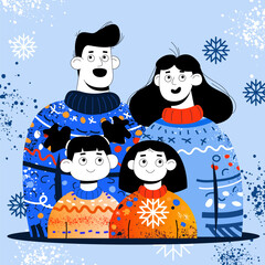 Family in cozy Christmas sweaters celebrating together in winter season