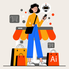 Shopper girl selects items with AI assistant on smartphone in a retail setting