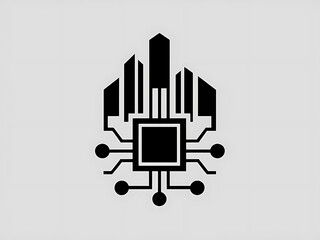 Abstract City Network Icon Featuring Building and Node Designs