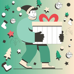 Man wearing Santa hat carries big gift box with ribbon during holiday season in festive setting