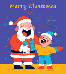 Claus character gives gift to child during festive celebration with joy and laughter