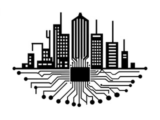 Abstract City Network Icon Featuring Building and Node Designs