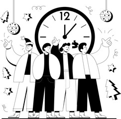 Obraz premium Group of friends pointing at clock countdown to midnight during celebration New Year