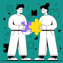 Coworkers work together to solve a puzzle in a bright office environment during the day