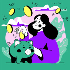 Joyful person putting coins into piggy bank in colorful vector illustration