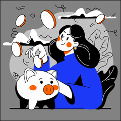 Putting coins into a piggy bank with a joyful expression while sitting on the ground