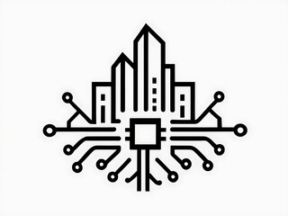 Abstract City Network Icon Featuring Building and Node Designs