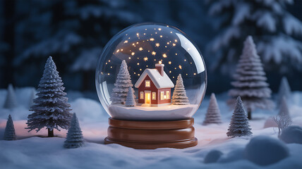 Festive snow globe with a red house, glowing lights, and snow-laden trees in a twilight winter forest