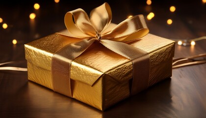 a gold wrapped gift box with a gold ribbon
