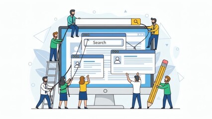 Teamwork building digital search interface with connecting data and information.