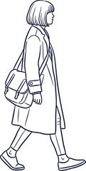 Stylish woman walking in coat, side profile fashion pose, casual outfit, shoulder bag, bob haircut, urban look, flat vector illustration