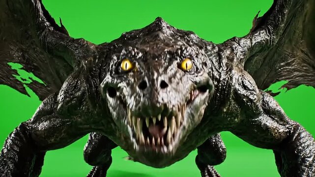 Terrifying dragon with spread wings ready to attack on green screen, perfect for fantasy film effects and monster movie scenes