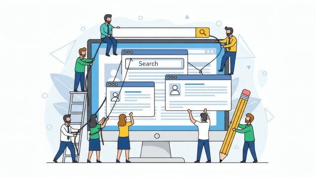Teamwork building digital search interface with connecting data and information.