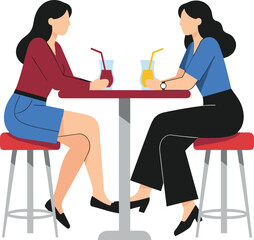 Two women talking at caf&eacute; table, casual conversation, drinks on table, red stools, social interaction, leisure moment, flat vector illustration