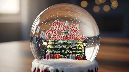 Festive snow globe displaying merry christmas message and decorated tree with gifts
