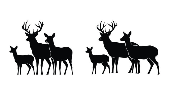 Silhouette of a deer family with antlers and fawns on a white background