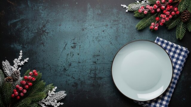 Festive Christmas table setting with empty plate on rustic textured background. - Powered by Adobe