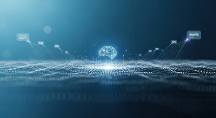 Glowing digital brain processes information within a flowing particle field