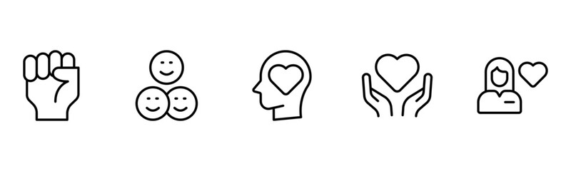 Heart, love, care, help, charity, and donation outline icons are set isolated on a white background in a flat vector illustration.