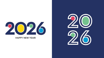 Collection of modern 2026 Happy New Year logo designs. Vector graphic templates with colorful numbers for holiday greetings and celebrations