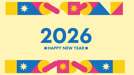 Happy New Year 2026 banner with colorful Christmas crackers. Festive holiday greeting card vector illustration with modern geometric design