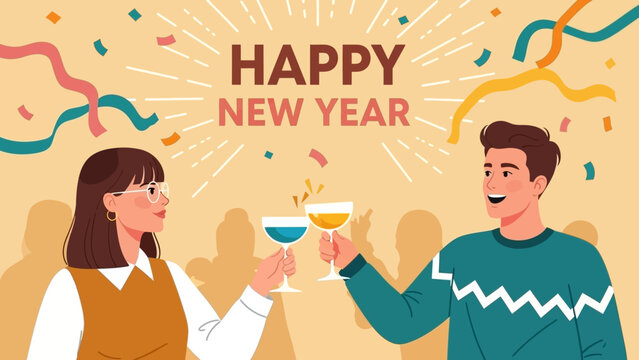 Cheerful young couple celebrating the New Year 2026 with a festive toast, clinking glasses at a party with confetti