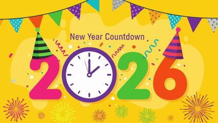 Colorful New Year 2026 countdown celebration background with clock, party hats, and confetti