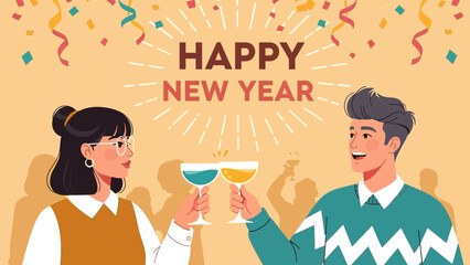 A cheerful couple in festive sweaters toasting with glasses to celebrate the arrival of the new year 2026 at a party