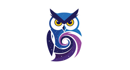 Cosmic Owl a geometric owl with yellow eyes, blue and purple feathers forming a nebula, stars accenting the design