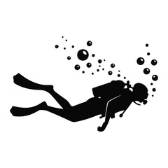 Black silhouette vector of a scuba diver swimming with bubbles underwater © Md. Robin Hasan