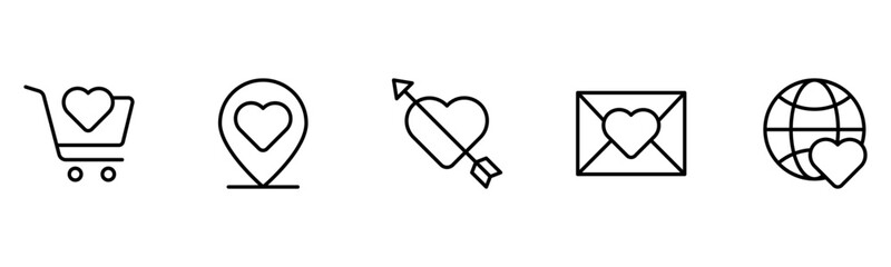 Heart, love, care, help, charity, and donation outline icons are set isolated on a white background in a flat vector illustration.