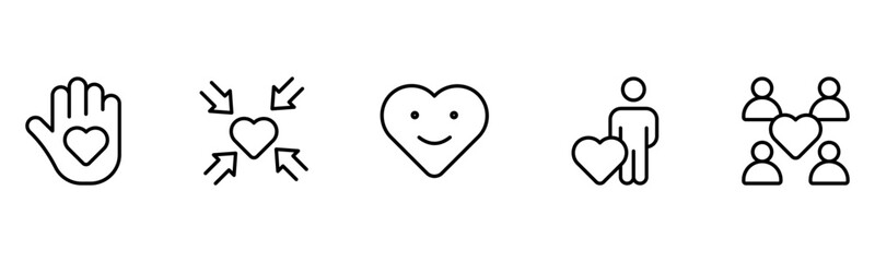 Heart, love, care, help, charity, and donation outline icons are set isolated on a white background in a flat vector illustration.