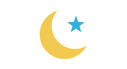 Isolated graphic of a gold crescent moon near a blue star on white