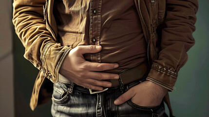 Close-up of young man clutching stomach in pain