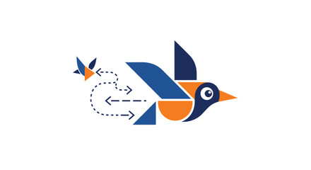 Stylized geometric bird flying with arrows indicating flight path