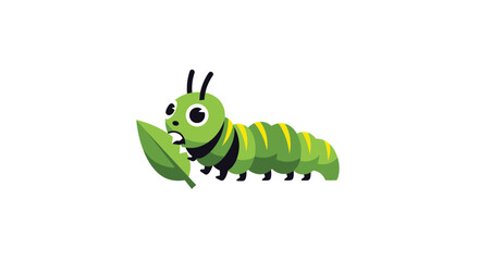Green cartoon caterpillar munching on leaf with surprised expression