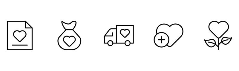 Obraz premium Heart, love, care, help, charity, and donation outline icons are set isolated on a white background in a flat vector illustration.