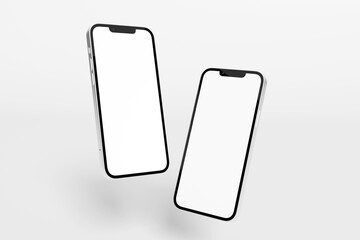 Two 3D smartphone mockup with blank white screen. Isolated on a white background. Clean design for UI/UX app presentation.