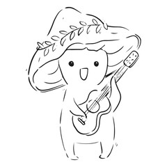 Cute mushroom playing guitar line art