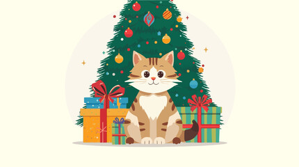 Vector illustration of a Christmas background featuring a cute cat sitting in front of a decorated tree with colorful ornaments and shiny lights, surrounded