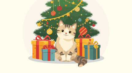 Vector illustration of a Christmas background featuring a cute cat sitting in front of a decorated tree with colorful ornaments and shiny lights, surrounded