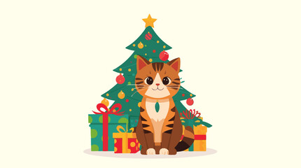 Vector illustration of a Christmas background featuring a cute cat sitting in front of a decorated tree with colorful ornaments and shiny lights, surrounded