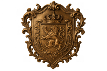 Ornate gold heraldic shield displaying a crowned lion emblem, representing strength, royalty, and tradition, on transparent background