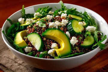 A bowl contains a mix of quinoa, fresh cucumber slices, arugula, and pieces of cheese. The dish is placed on a wooden surface and is well lit by natural light