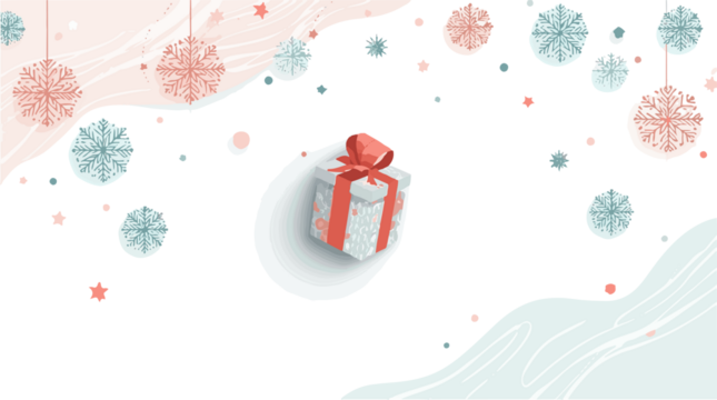  illustration of a Christmas background with delicate snowflakes gently falling, and a giftbox in the center, all designed in a modern flat style