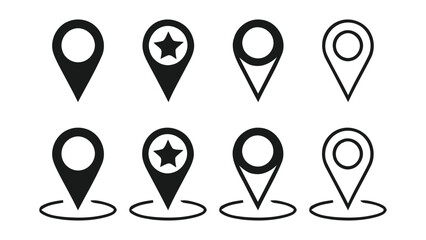 Collection of eight diverse map pin location marker icons in black and white