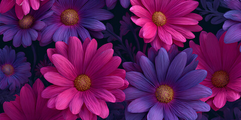 Obraz premium Vibrant pink and purple daisy flowers on a dark background beautiful floral botanical design