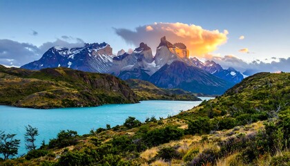 Scenic mountain landscape at sunset over a turquoise lake